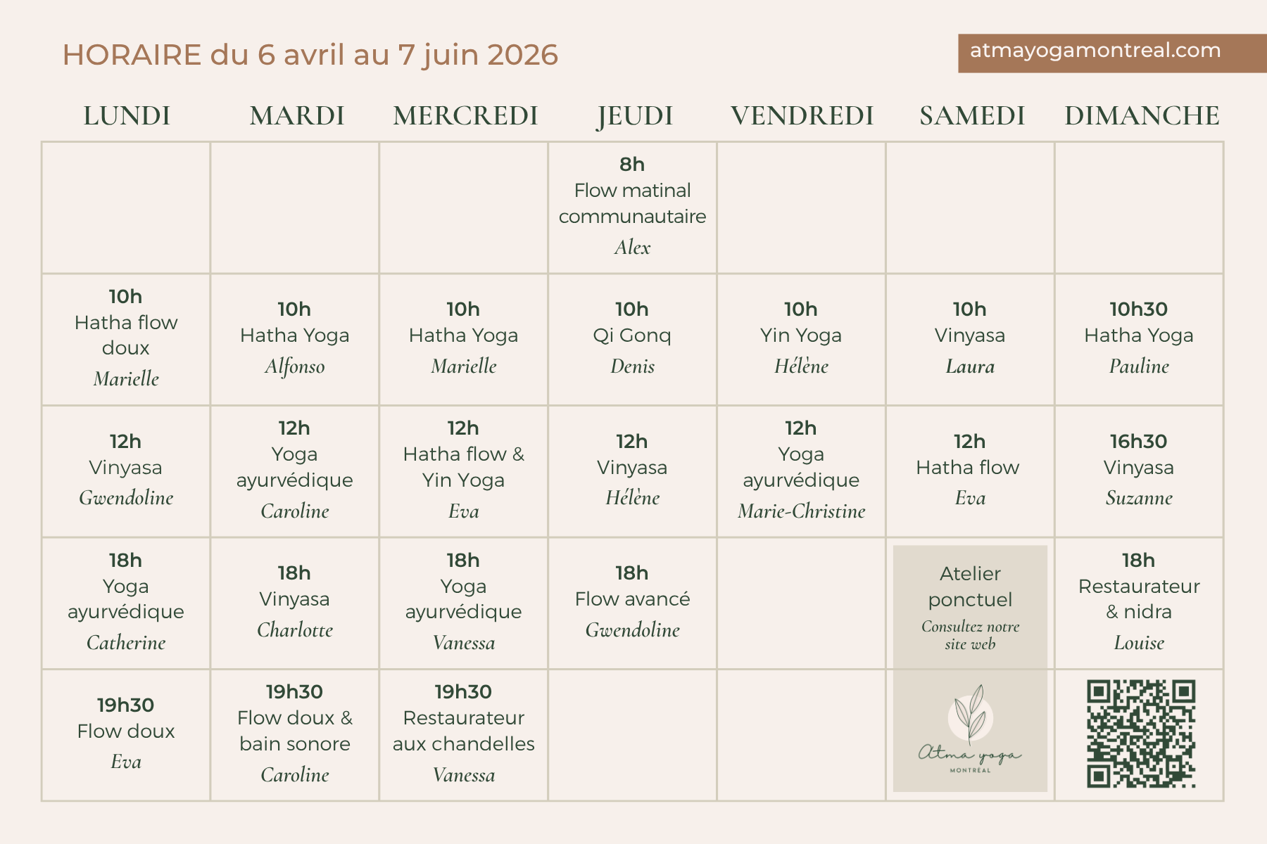 Horaire yoga et Qi Gong printemps