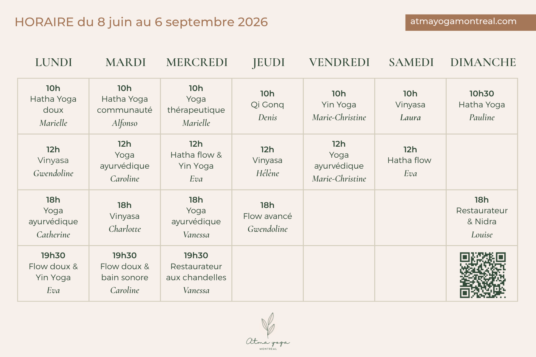 Horaire yoga été 2026
